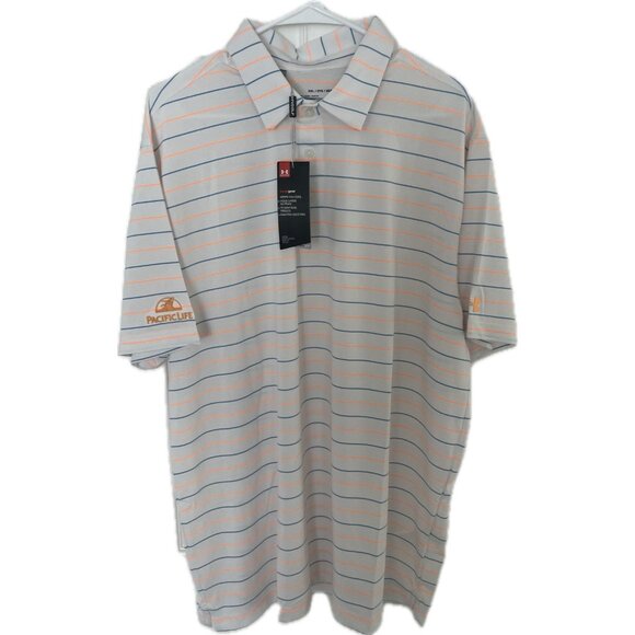 Men's Under Armour Kirkby Golf Polo Heat Gear Loose White Striped 2XL 2TG NWT - Picture 1 of 5